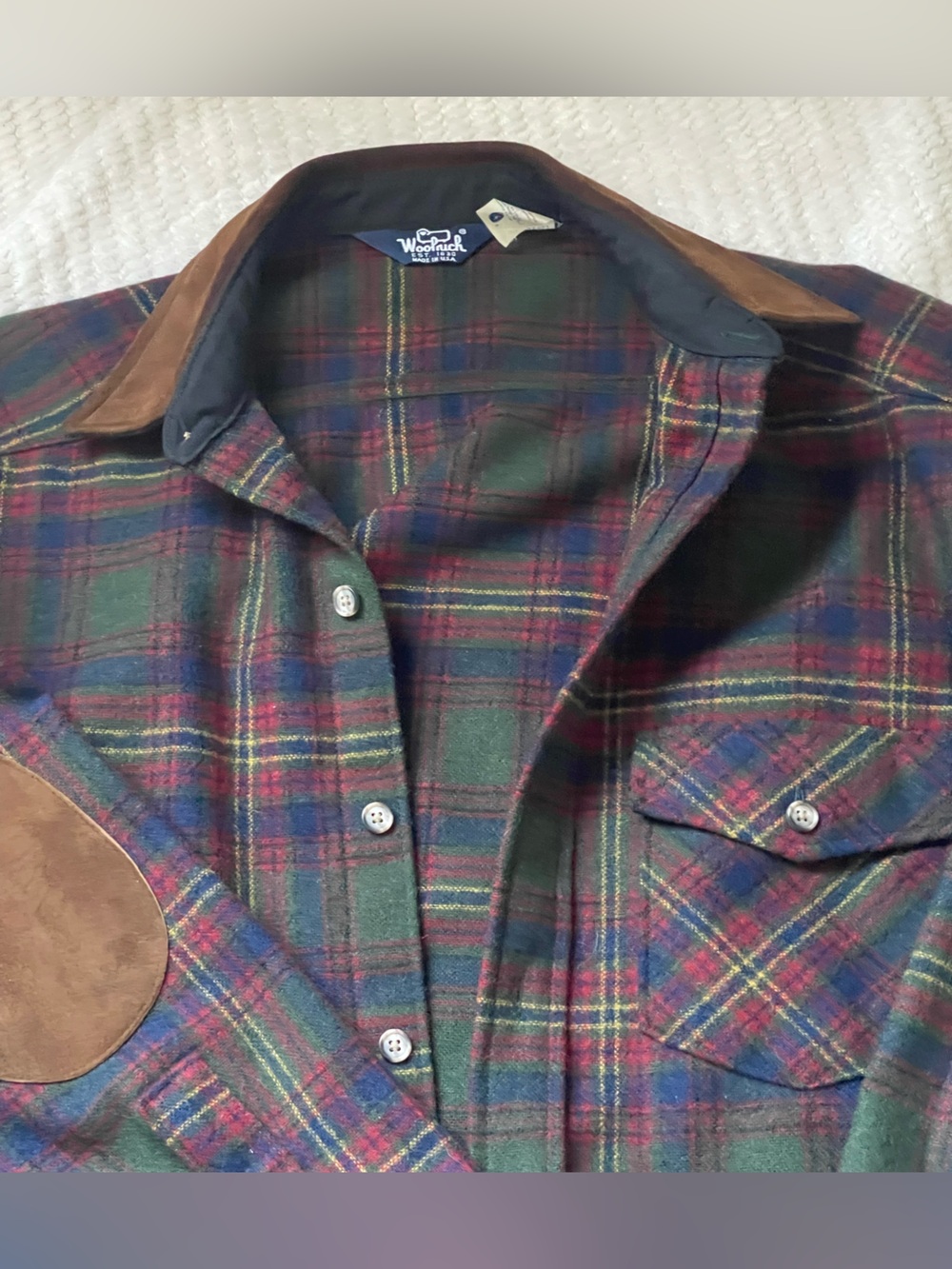 Vintage Woolrich Plaid Wool Shirt Jacket/Flannel with Brown Elbow Patches - Picture 2 of 8